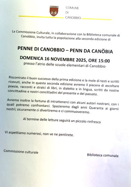 Penne di Canobbio domenica 16.11.2025 c/o atrio scuole elementari ore 15:00